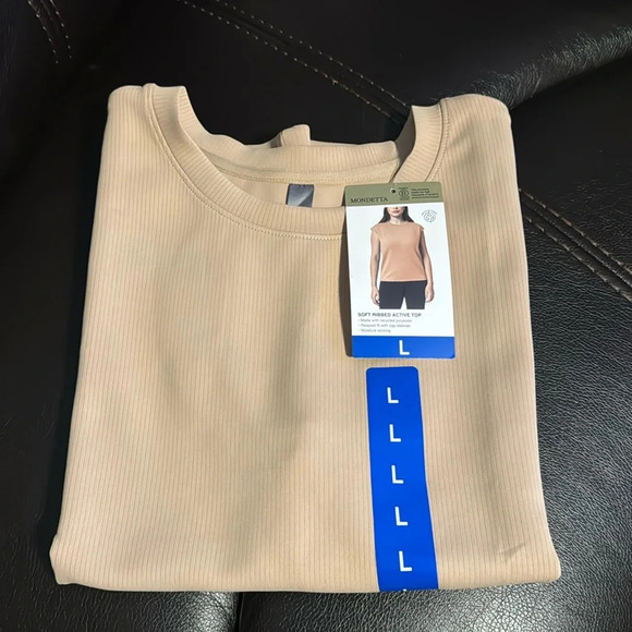 Mondetta Ladies' Soft Ribbed Short Sleeve Active Top, New Taupe (Tan) Large - Picture 1 of 11